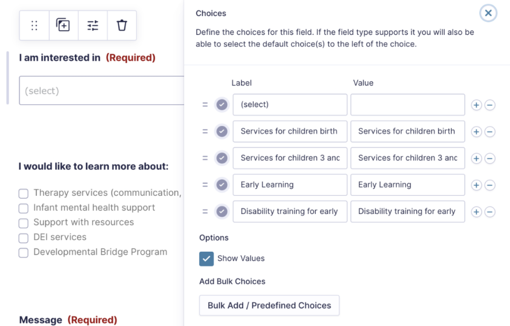 Screenshot of the Gravity Forms form editor with a dropdown select field settings modal open. In the settings modal, a (Select) option is shown as the default choice with a null value. The other choices in the dropdown pertain to types of childcare services the individual is interested in.